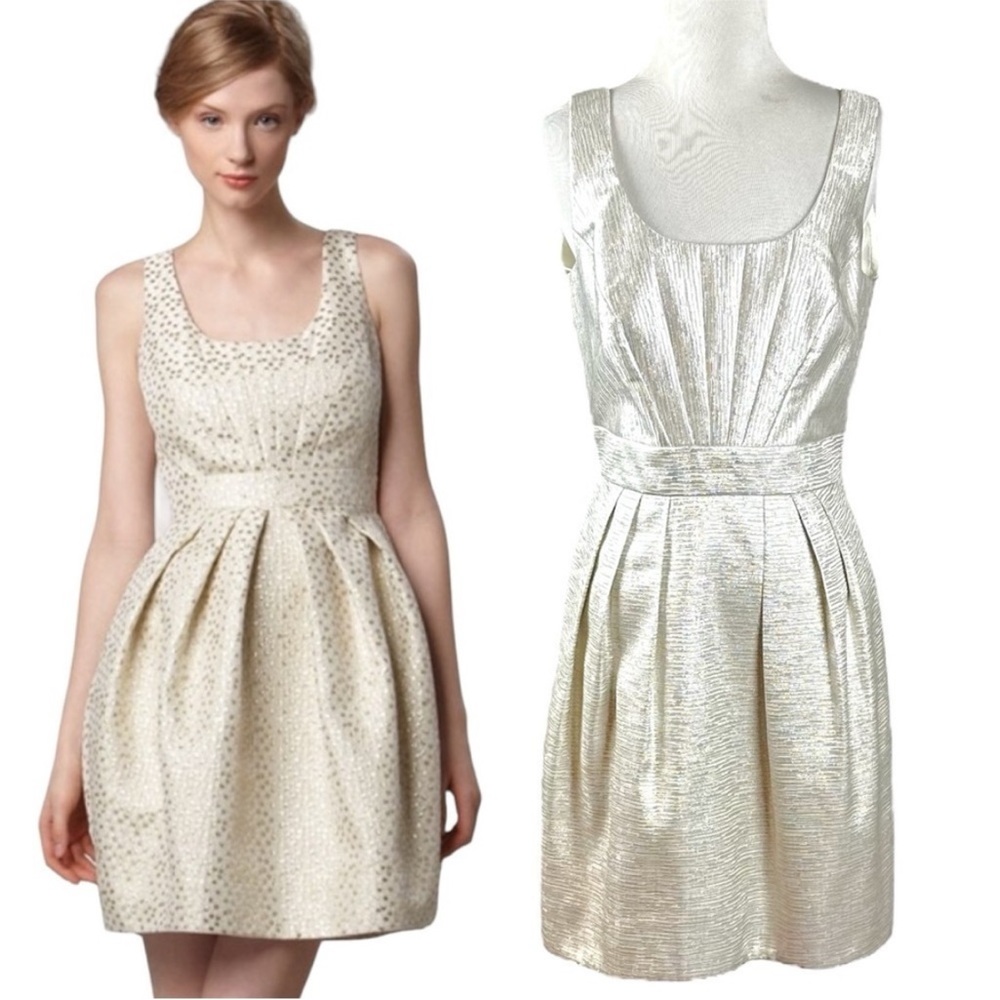 Shoshanna Isabella 60s Style Cocktail Dress Sleeveless Metallic Silver Ivory 10